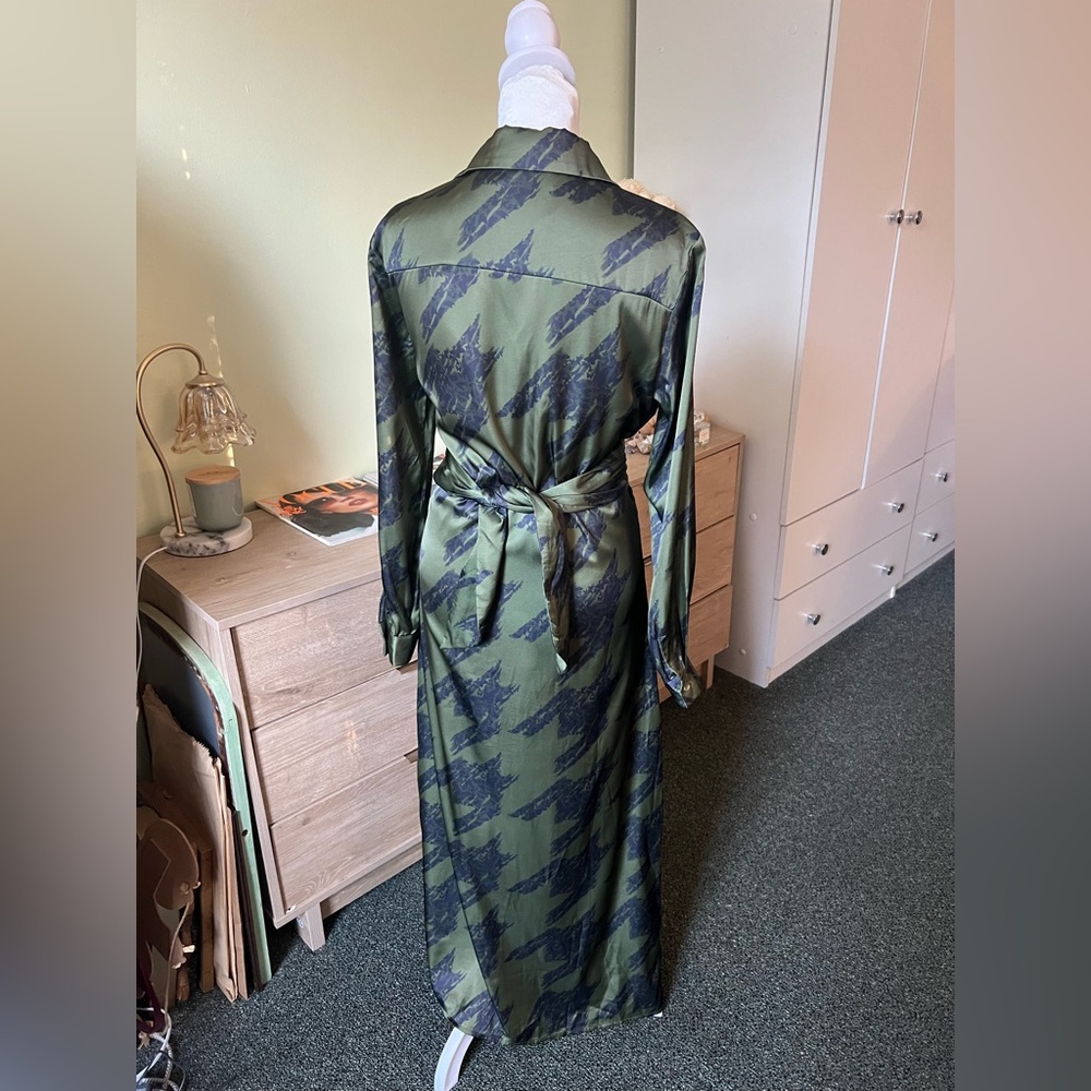Forest Green & Black Houndstooth Button Down Multi-Way Wrap Satin Maxi Dress S - Picture 13 of 16